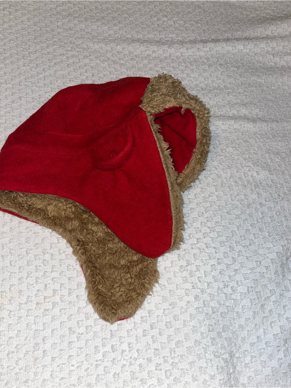 Kids Red Trapper Hat with Tan Faux-Fur Trim